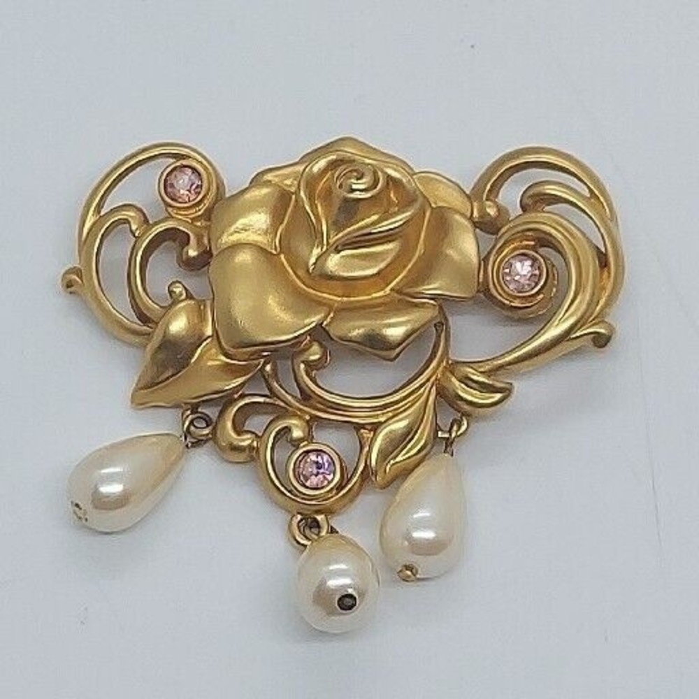 RARE AVON VIC. ROSE GOLD‎ TONE PINK AB RHINESTONE FAUX PEARL PIN BROOCH